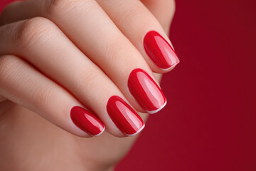 Professional hand model showcasing elegant nail manicure with classic red color polish and traditional French manicure style perfect for beauty salon cosmetics and luxury nail care treatment.