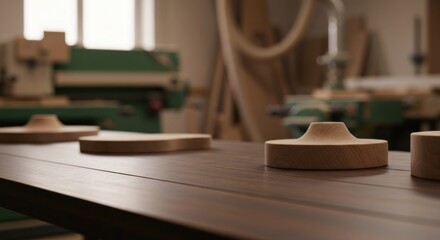 Woodworking pieces sit on a dark workbench in a woodworking shop