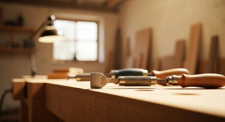 Workshop bench with chisels, bathed in soft light, wood planks stacked nearby