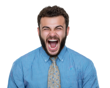 Angry frustrated Indian businessman shouting. powerful emotion of man under stress. portrait of an individual yelling with loud scream, isolated on background