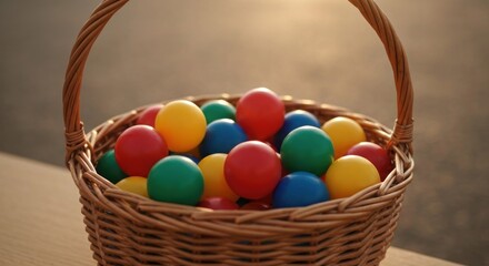 Woven basket filled with colorful balls, bathed in golden light