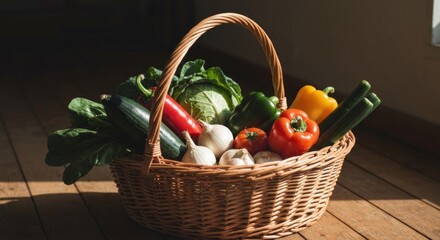 Woven basket filled with fresh produce sitting on a wooden floor, lit brightly