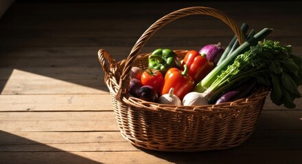 Woven basket filled with fresh vegetables on a wooden surface, sunny