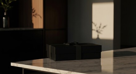 Wrapped gift sits on a marble counter, backlit. Interior, minimalist