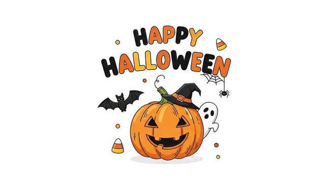 Festive Halloween graphic illustration with pumpkin ghost bat candy and spider webs - Powered by Adobe