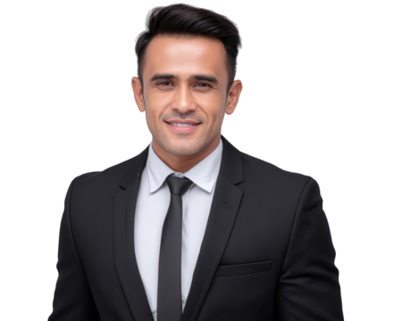 Happy indian businessman smiling in suit and tie. confident and successful professional male posing for portrait, looking friendly and optimistic with positive attitude