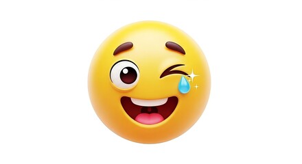 Fototapeta premium Expressive laughing emoji with winking eye and single tear, showcasing digital communication