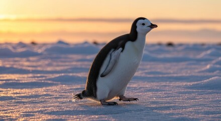 Young penguin strides across snowy plain at sunset, bathed in golden light
