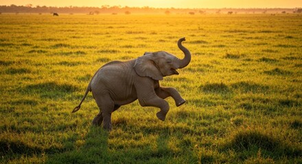 Young elephant playfully leaps in a grassy, golden savanna at sunset