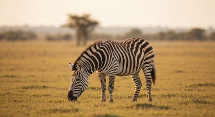 Zebra grazing peacefully in a savanna with warm, soft lighting at sunrise