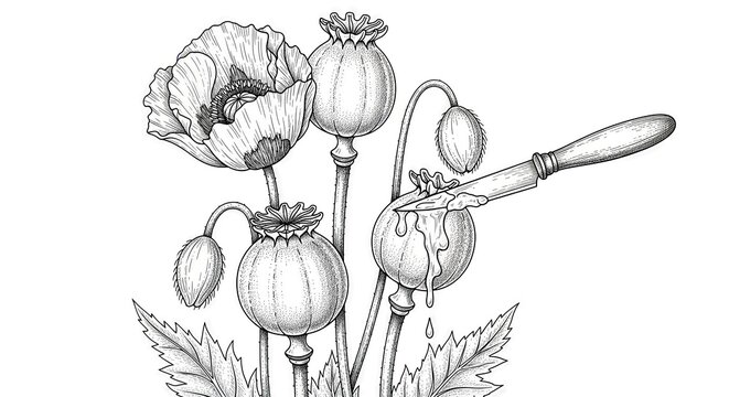 Monochrome poppy drawing with knife incision for opium extraction in graphic arts design