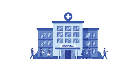 Modern hospital building with medical staff walking, ideal for healthcare, clinic, and medical-related projects
