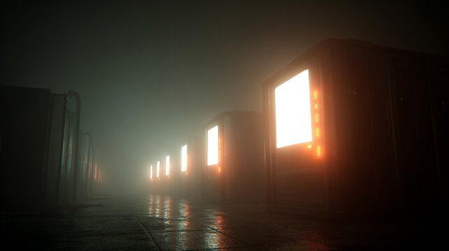 server racks glow in darkness, highlighting futuristic data centers, digital infrastructure, and the energy of modern technology in an immersive, high-tech scene