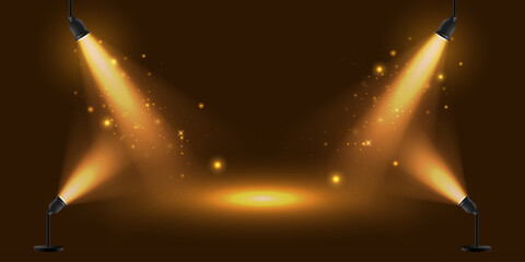 Golden stage spotlights with glowing particles on dark background