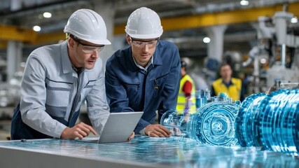 Engineers at Work: Two engineers are immersed in a collaborative project, intently analyzing a holographic projection of a high-tech engine, symbolizing innovation, precision. - Powered by Adobe