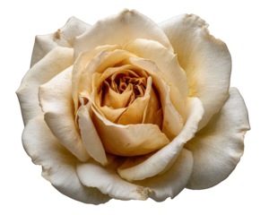 Beautiful cream rose flower, single wilting bloom isolated on transparency background. This delicate botanical photo object shows vintage petals and sense of nostalgic beauty