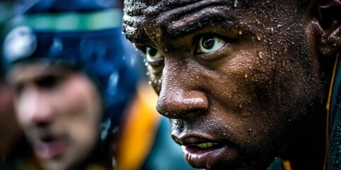 Close-up of a focused rugby player's face, sweat and raindrops dripping, teammates blurred in background during a rainy match - Powered by Adobe