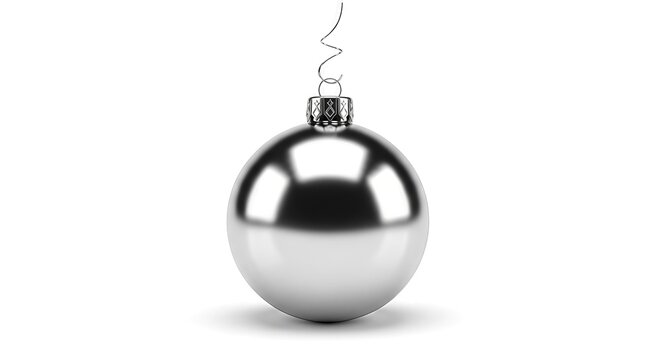 Silver sphere ornament with a delicate spiral hanger casting a soft shadow on white backdrop