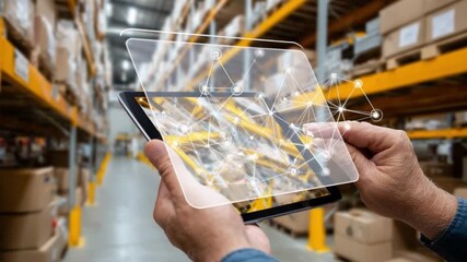 Warehouse innovation: A focused individual utilizes a tablet to manage an organized warehouse, showing a cutting-edge interface to boost efficiency
