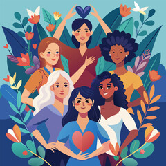 Smiling Girls with Flowers for International Women's Day, Vector Illustration

