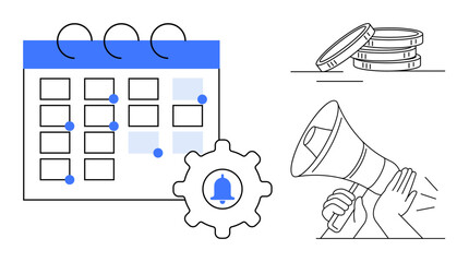 Calendar with marked dates, gear with bell icon, coin stack, and megaphone representing task management, event planning, financial planning, promotion, organization alerts communication. A simple