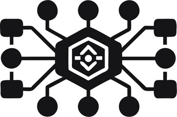 Black network diagram with central hexagon connecting to circles and squares on a white background | editable eps vectors silhouette