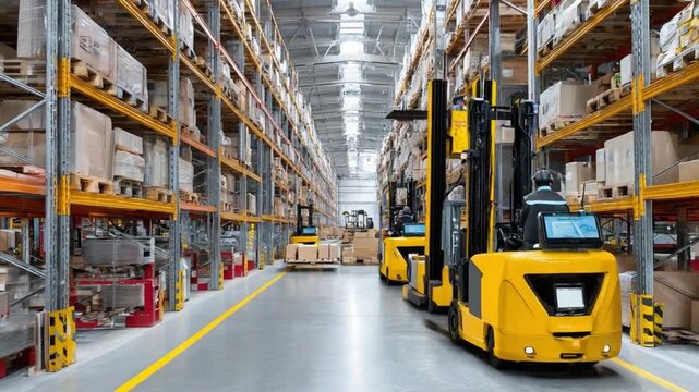 Warehouse operations: A bustling warehouse scene features rows of organized shelves filled with packed goods, with electric forklifts maneuvering through the aisles, indicating efficient distribution.