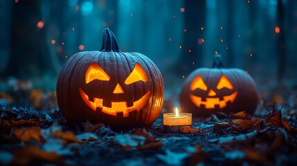 Fototapeta premium halloween composition with pumpkins and candles in the fall forest