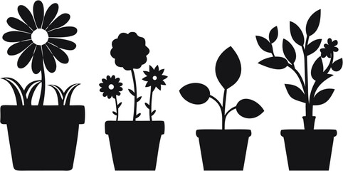 Silhouette illustration of four potted plants with different types of flowers and leaves in black and white | editable eps vectors