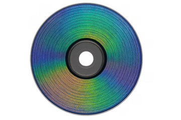 Compact disc surface showing iridescent rainbow colors reflecting light, digital record data storage