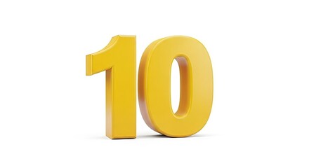 Isolated glossy golden yellow number ten against a pristine white backdrop rendered with polished