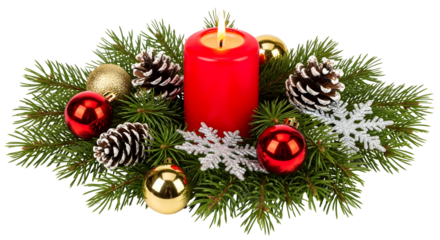 Festive Christmas centerpiece featuring a lit red candle surrounded by ornaments, pine cones, and evergreen foliage.