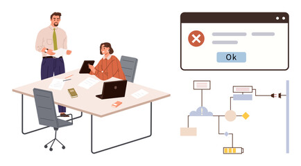 Professionals at a desk reviewing documents and digital tablet, alongside a workflow chart and error pop-up. Ideal for teamwork, problem-solving, process visualization, collaboration, error handling