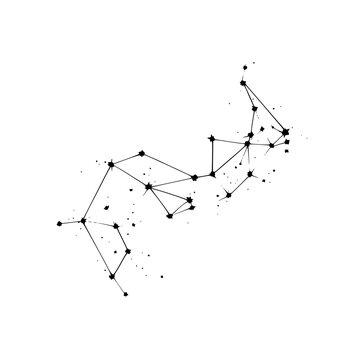 Abstract constellation art with black lines connecting stars on a white background creating a cosmic design