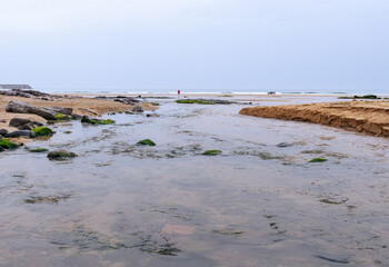 view of a sandy beach with rocks and waves at a river's mouth