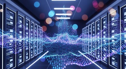 Data Center's Digital Symphony: A dynamic visualization of data processing unfolds within a modern data center. Illuminating the core of information technology, where data streams are brought to life.