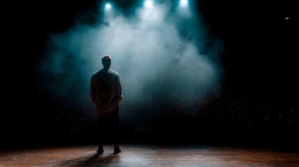 A lone performer stands on a dark stage illuminated by dramatic spotlights facing a shadowy audience
