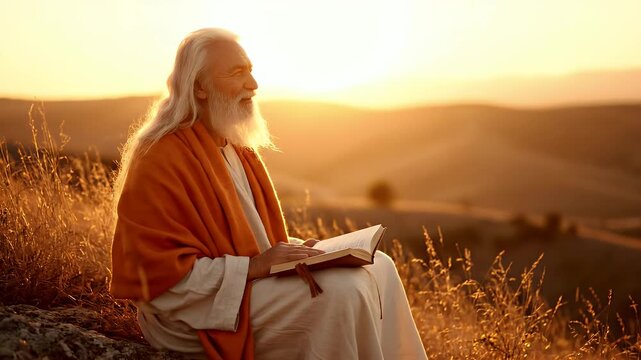 Elderly man with long white beard wearing a white robe and an orange shawl reads an ancient book outdoors during a golden sunset with rolling hills in the background