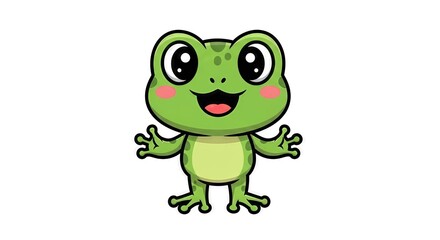 Fototapeta premium Adorable cartoon frog character with cheerful expression against white background