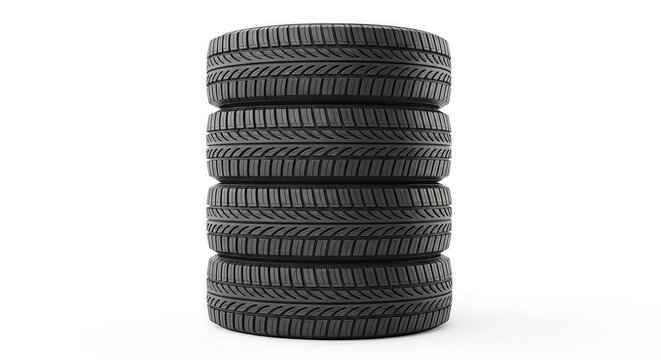 Stack of brand new tires isolated on white surface for safety transport