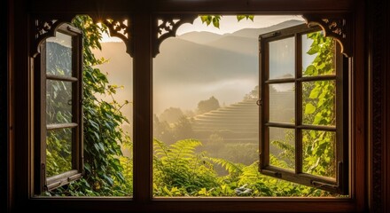 Open rustic wooden window revealing green terraced mountains bathed in golden light at sunset