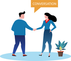 Businessman and businesswoman shaking hands and having a conversation., business people shaking hands