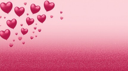 A cluster of red heart shaped balloons floating against a soft pink gradient background. Romantic valentine's day celebration concept
