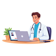 Fototapeta premium Flat 2D vector illustration of a smiling doctor sitting at a desk with a laptop and stethoscope, in a simple office setting.