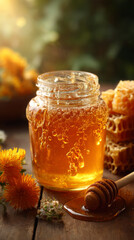 Jet of honey pouring into a glass jar, dripping liquid honey, tasty golden yellow. Copy space.