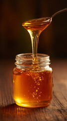 Jet of honey pouring into a glass jar, dripping liquid honey, tasty golden yellow. Copy space.