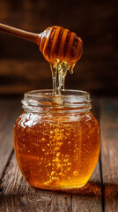 Jet of honey pouring into a glass jar, dripping liquid honey, tasty golden yellow. Copy space.