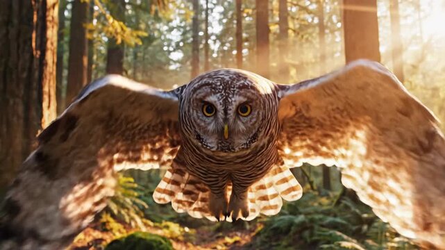 An animated owl flying through a sunlit forest towards the camera. A majestic barred owl gliding between trees in golden light. Realistic CGI wildlife animation