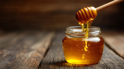 Jet of honey pouring into a glass jar, dripping liquid honey, tasty golden yellow. Copy space.