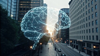 A futuristic cityscape with a digital brain overlay, symbolizing the intersection of technology and human intelligence.